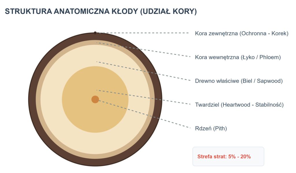 Ile kory ma kłoda? Udział kory w objętości i masie drewna